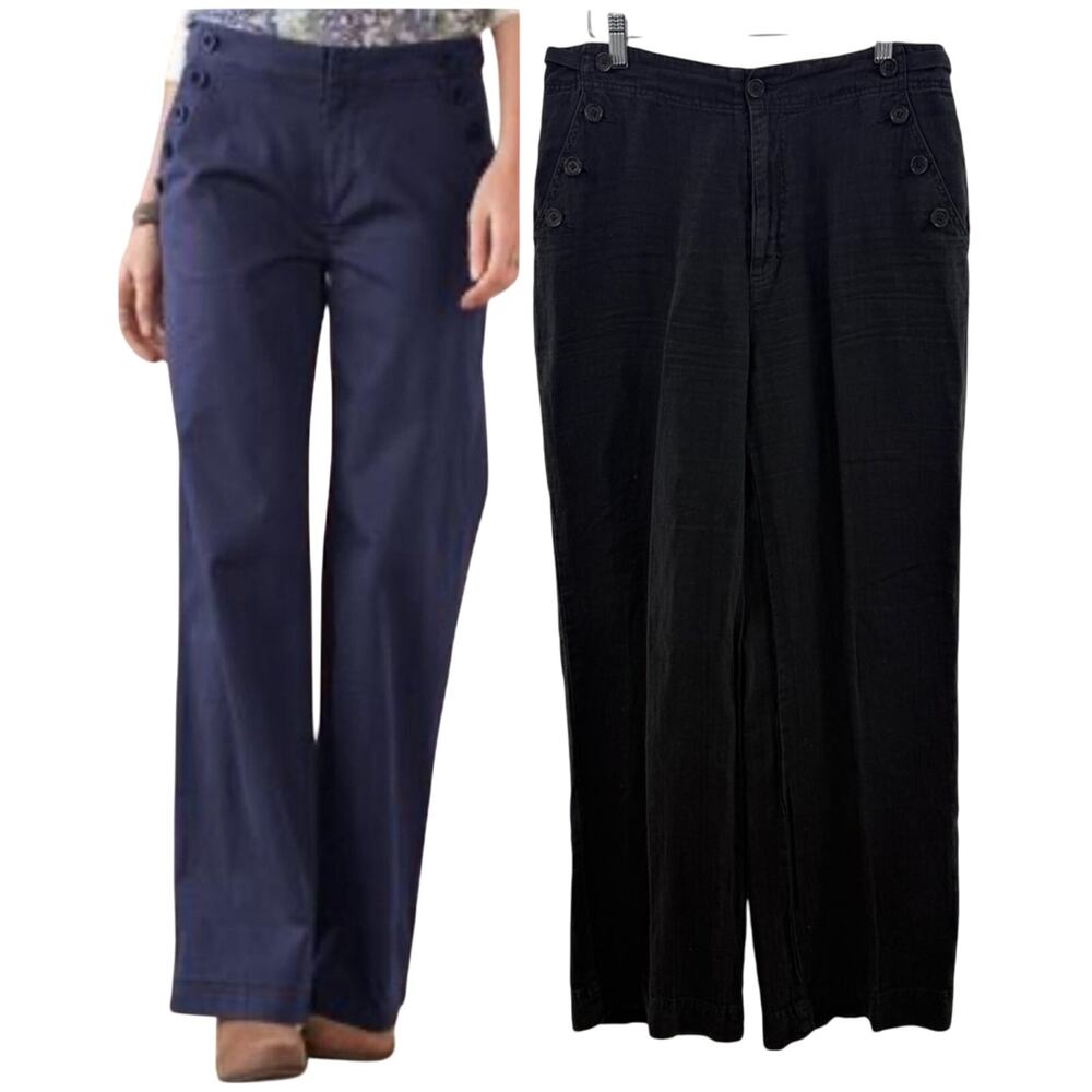 Sundance Black Coastal Cove Buttons Pockets Wide Leg Linen Sailor Pants Size 8